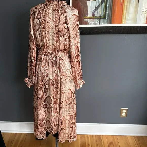THML rust/brown tones stretch snakeskin print ruffle accent midi. Small.